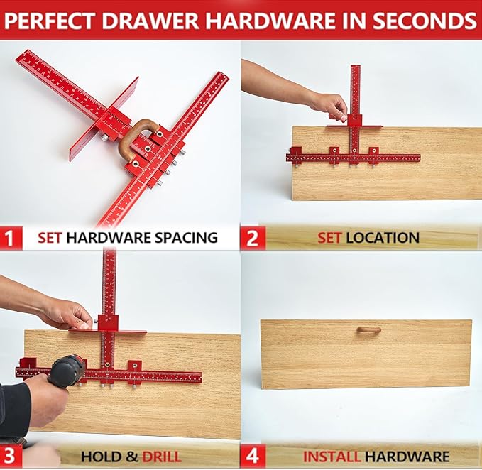 Cabinet Hardware Jig Punch Locator with Extended Ruler, Aluminum Alloy Cabinet Template Tool with Upgrade Box for Installation Handles Knob on Drawer Door Pulls (Red)