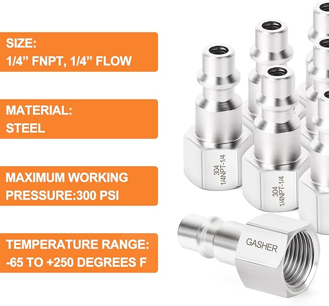 GASHER 10PCS 304 Stainless Steel 1/4-Inch NPT Female Industrial Air Tool Fitting, 1/4-Inch High Flow Pneumatic Plugs