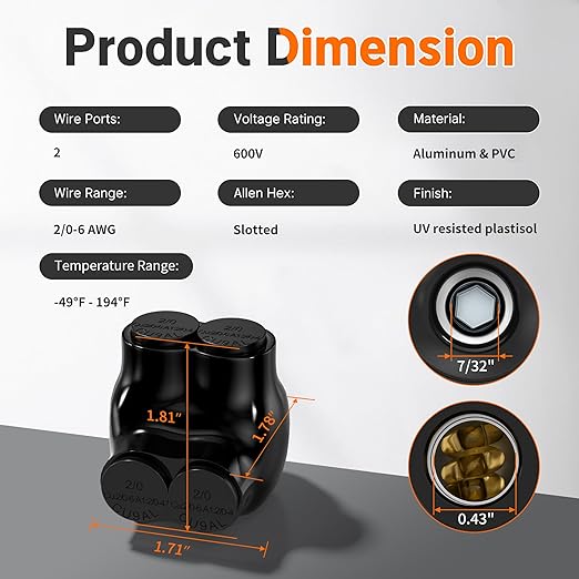Joinfworld 2 Port Insulated Multi Tap Connector 2/0-6 Gauge Wire Connectors Aluminum to Copper Wire Connectors Single Side Entry Black Electrical Cable Connectors with Slotted Allen Hex - 6 Pack