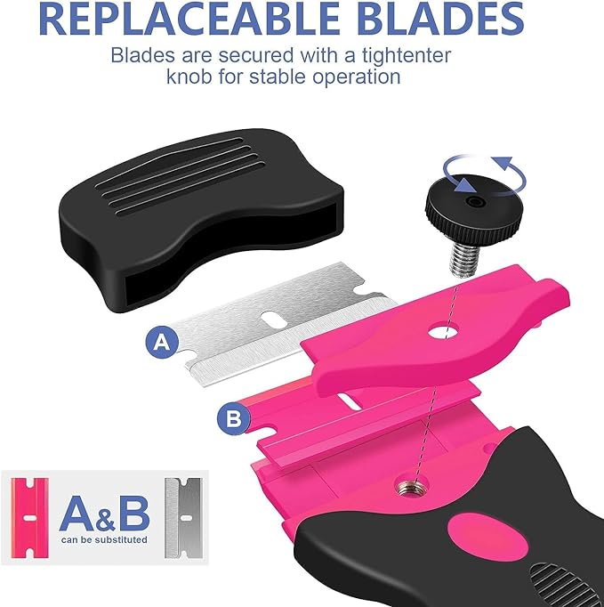 DEKEones Razor Blade Scraper, Double Edged Razorblade Scraping Tool with 10 Pcs Razor Blades, Paint Scraper for Glass, Decals, Tint, Stickers, Labels, Caulk, Adhesive(Pink)