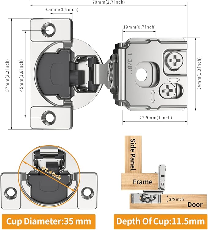 Chibery 6 Pack 1-3/8" Overlay 3D Soft Close Concealed Hinge for Face Frame Door, Smooth Slow Self Closing Hinges, Satin Nickel, Hidden 105째 Open Angle Stainless Steel Hinge for Kitchen Cabinet Door
