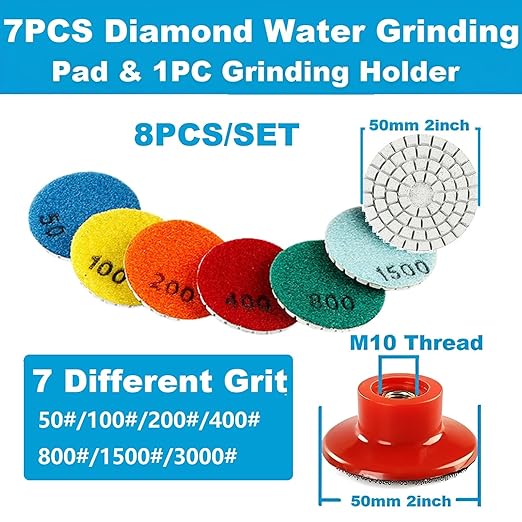 2inch 50mm Diamond Water Grinding Pad, 7 Different Grit 50#-3000# Wet Sanding Discs & M10 Thread Hook & Loop Backing Holder for Detail Fine Buffing Polishing (8Pcs/Set)