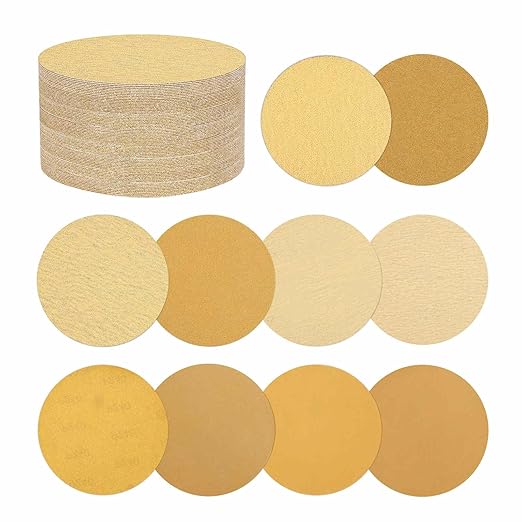 100 Pcs Sanding Discs 5 Inch 40/60/80/100/120/180/240/320/400/600 Grit Hook and Loop Orbital Sandpaper Suitable for Drywall Sander Wood Metal Furniture, Yellow