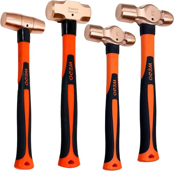 WEDO 4PCS Copper Hammer Set with Fiberglass Handle,1lb Ball Pein Hammer,2lb Ball Pein Hammer,3lb Sledge Hammer,2lb Drum Type Hammer