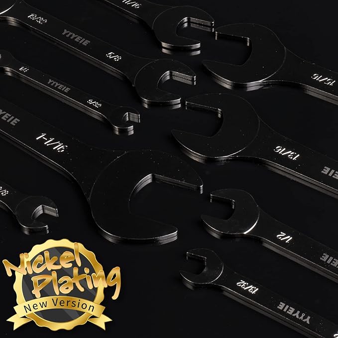 YIYEIE 9Pc. Super Thin Wrench Set, SAE 1/4" to 1-1/16", Nickel Plating, CR-V Steel, Ultra-Slim Open End Wrench Set with Rolling Pouch