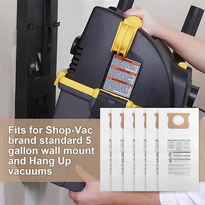 Dust Collection Filter Bags 9193200 for Shop Vac Vacuum cleaner,91932 Disposable Filter Bags for Shop Vac 5 Gallon Wall Mount Vacuums(6-pack)