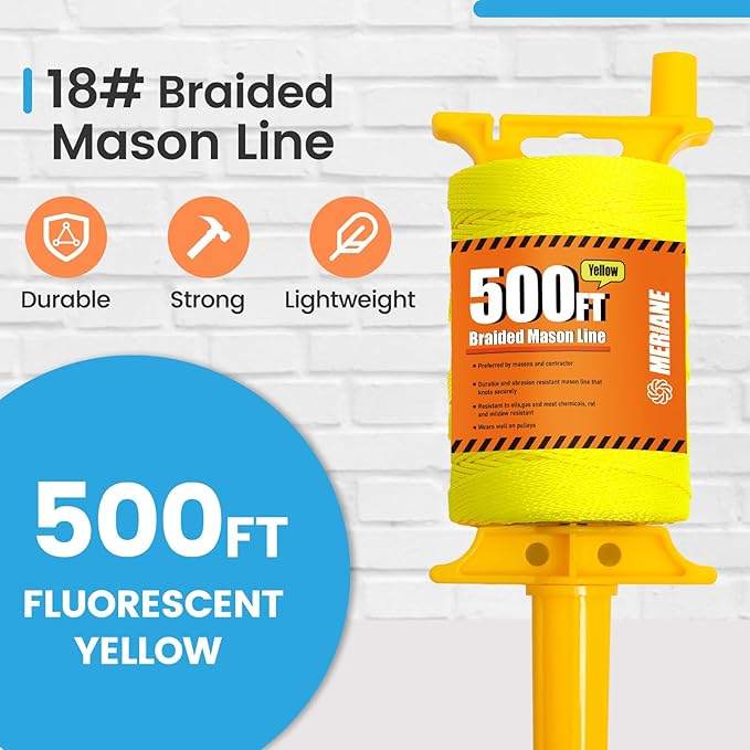 MERIANE 500FT Mason Line w/Reloadable Line Reel, 18# Braided Twine String for Masonry Job, Level Lines in Construction, Gardening, Fluorescent Yellow