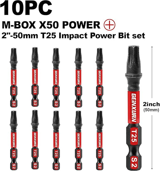 10 Pieces 2 In. T25 Impact Tough Magnetic Screwdriver Bit Set, #25 Torx Head Power Bits, S2 Alloy Steel Star Bits with Storage M-Box