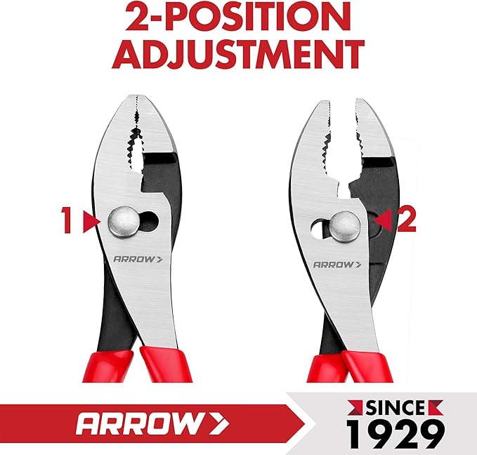 ARROW 8" Slip Joint Pliers, Pliers Tool with Thick Dip-Grip Handle, Strong Grip Jaws, High Carbon Steel, Pliers for Gripping, Loosening Nuts and Bolts, Cutting Steel Wire