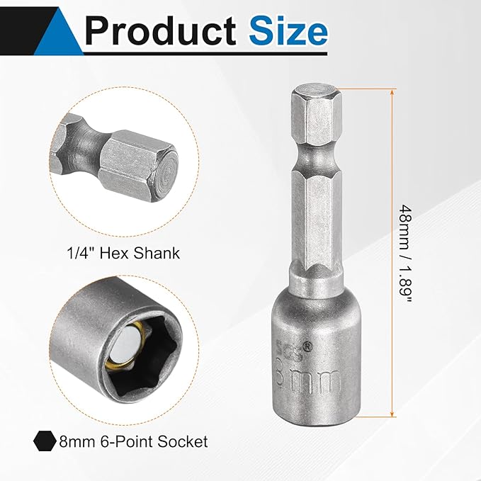 HARFINGTON 2pcs Nut Driver Drill Bit 8mm Metric Socket 1/4" Hex Shank 1.89" (48mm) Long Magnetic 6-Point Sockets Quick Change CR-V Steel Bolt Setters for Power Drill Drivers