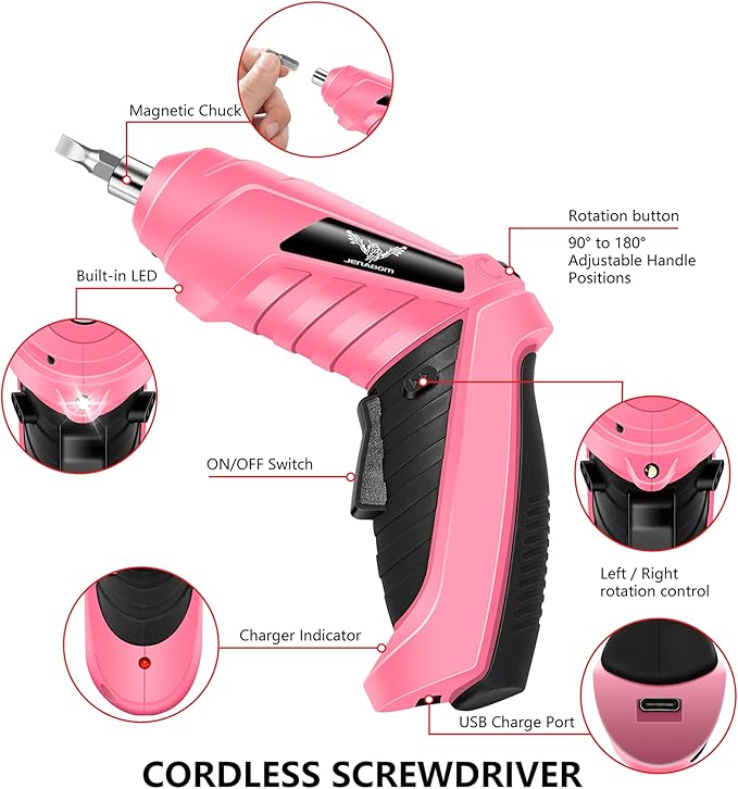 Cordless Electric Screwdriver Set 3.6V Rechargeable Small Power Drill, 3Nm Screw Gun with 2 Position Handle, LED Light, 14 in 1 Driver Bit Set, Pink & Black