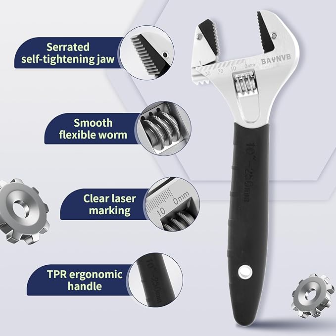BAUNVB 10 inch Adjustable Wrench with Serrated Self-tightening Jaw, 30mm Wide Jaw Opening Wrench for Plumbing, Automotive, Industrial