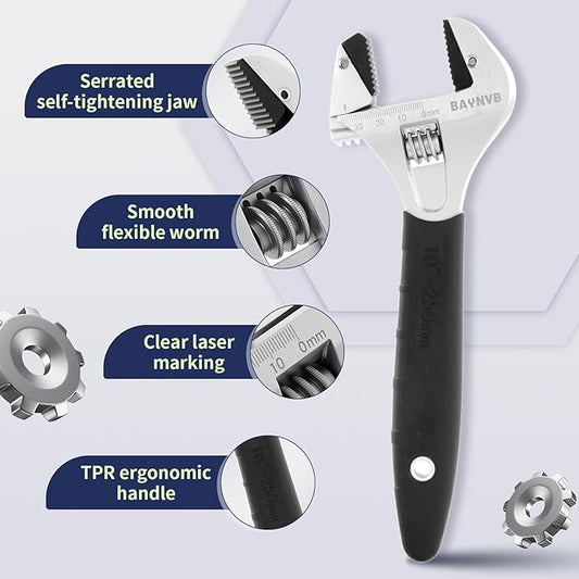 BAUNVB 10 inch Adjustable Wrench with Serrated Self-tightening Jaw, 30mm Wide Jaw Opening Wrench for Plumbing, Automotive, Industrial