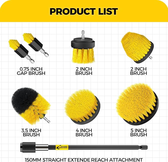 Holikme 8 Piece Drill Brush Attachments Set, Power Scrubber with Extend Long Attachment竊똂leaning Supplies for Bathtub, Shower, Grout, Tile(Yellow)