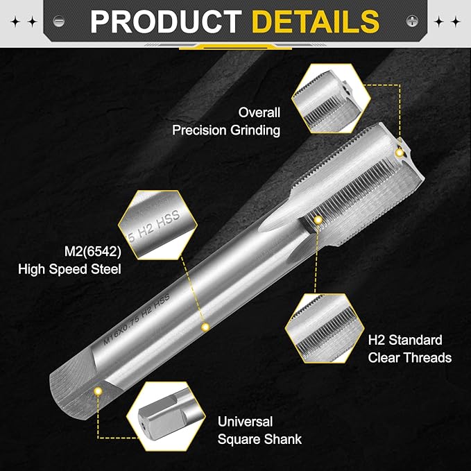 uxcell Hand Plug Tap M16 x 0.75 H2 Metric Thread Plug Style Taps Straight Flute Screw Tapping Threading Tool High Speed Steel HSS6542