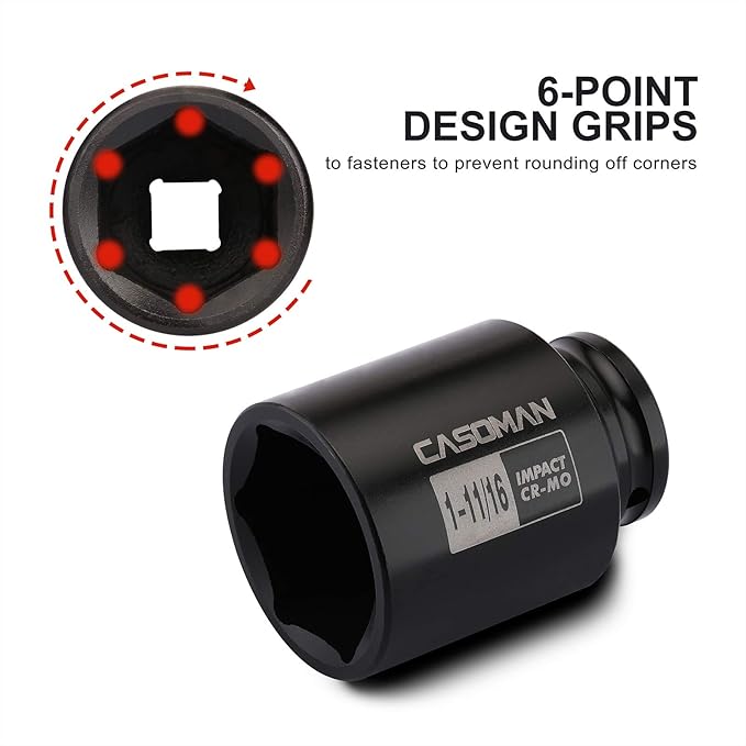 CASOMAN 6-Point 1/2-Inch Drive Deep Impact Socket- 1-11/16" (SAE), CR-MO, 1/2-inch Drive 6 Point Axle Nut Socket for Easy Removal of Axle Shaft Nuts (1-11/16")