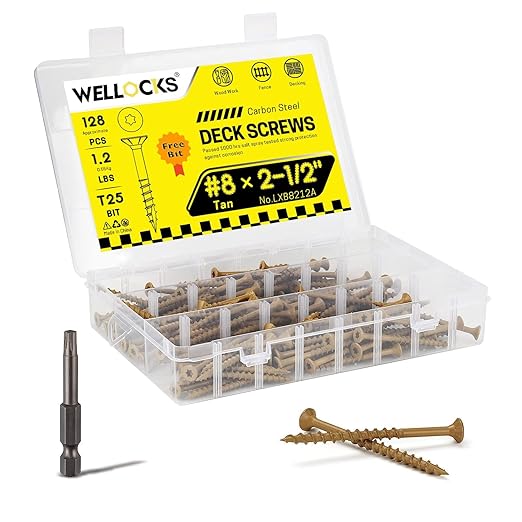 WELLOCKS Deck Screws, Wood Screws, Tan, Superior Rust Resistant, Epoxy Coated, Above 1000 Hour Salt Spray Coating T25 Torx Star Bit Included for Outdoor Wood Fence (1.2LBS Tan, #8횞2-1/2")
