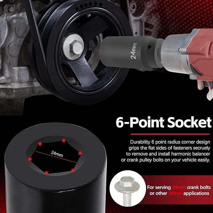 77070 24mm Crank Bolt Socket for GM LS Engine Harmonic Balancer Socket Tool 24 mm Impact Socket Deep Counter-Weighted Design, 3 Times Momentum Power of Standard Impact Sockets