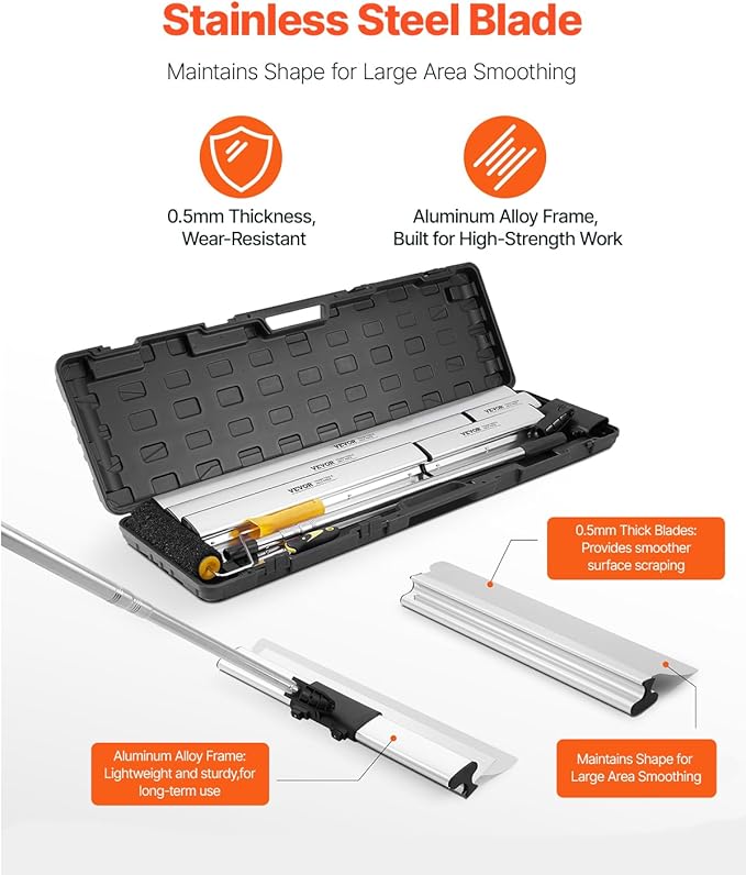 VEVOR Drywall Skimming Blade Set (10/16/24/32/40 inch) with 34-81.6 inch Extension Handle, Professional Stainless Steel Knife for Gyprock, WallBoard, and Plasterboard Skim Coating