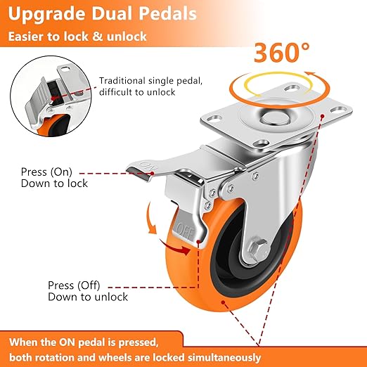 Caster Wheels, 5" Casters Set of 4 Heavy Duty - Dual Pedal Locking Casters with ON/Off Tabs (Easier to Operate), Swivel Plate Caster, No Marks Castor Wheels for Carts Furniture and Workbench