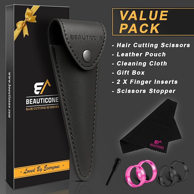 BEAUTICONE 짰 Hair Cutting Scissors - High Carbon SS 6.5" Professional Barber-Grade Salon Shears with Serrated & Razor Edge - Black Premium Gift Box with Leather Pouch & Extra Accs - Ultra Lightweight