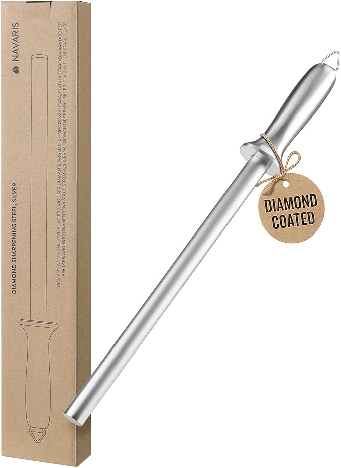 Navaris Diamond Knife Sharpener Steel - Chef Knife Sharpeners with Ergonomic Silver Handle - Honing Rod for Chef's Knives, Paring Knives, Carving Knives, Japanese Kitchen Knives