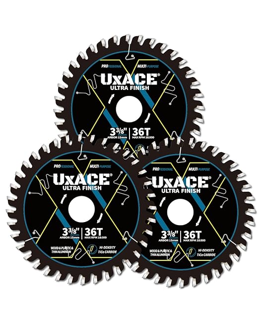 UXACE 3-3/8-Inch 36-Tooth Circular Saw Blade, 15 mm Arbor, Ultra Finish General Purpose Cutting, Carbide Tip, Thin Kerf, for Plywood, MDF, OSB, Laminated, Plastic, Thin Aluminum, 3 Pack