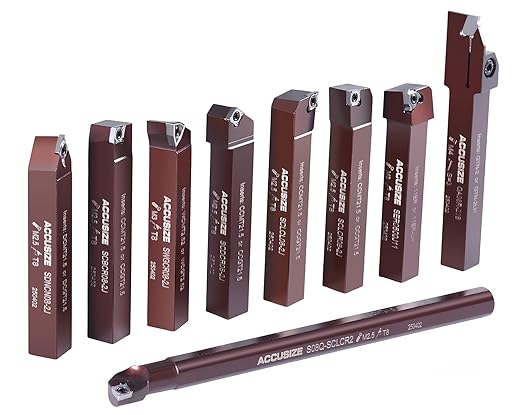 Accusize Industrial Tools 1/2'' Shank 9pc Indexable Carbide Turning Tool & Boring Bar Set for Cutting Aluminum, 3988??012