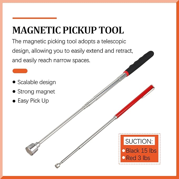 2-Piece Set Magnetic Pick Up Tool, 15LB Pull Force And 2LB Pull Force Telescopic Magnet Stick