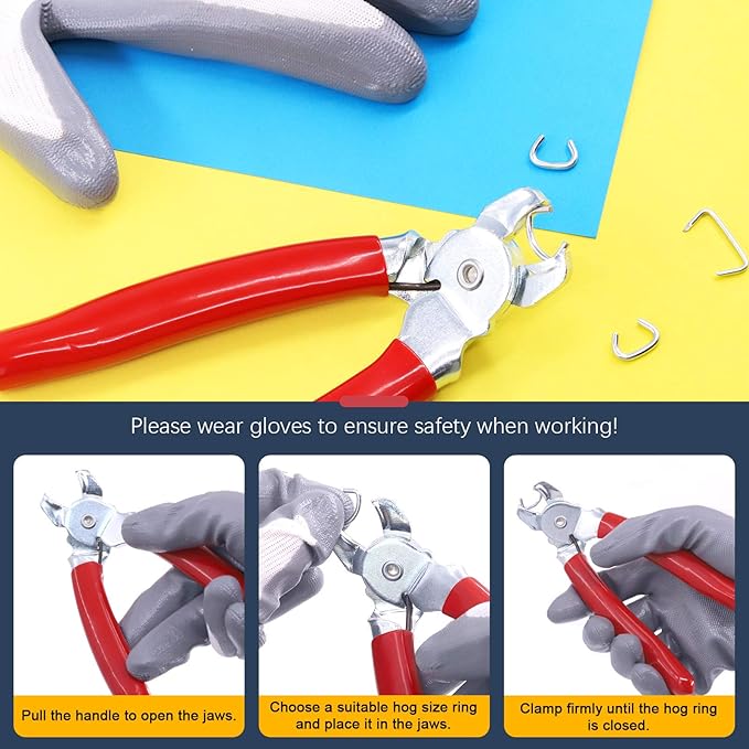 Hilitchi 360Pcs Galvanized Hog Rings with Angled Head Hog Ring Pliers and Protective Gloves Set Professional Upholstery Installation Tool for Bungee Shock Cords Animal Pet Cages Bagging and More