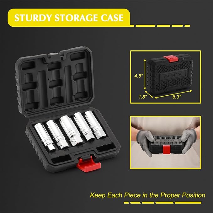 EMENTOL 5PCS 3/8" Drive Magnetic Spark Plug Socket Set, CR-V, Includes 14mm, 16mm Thin Wall Sockets and 9/16", 5/8", 13/16"