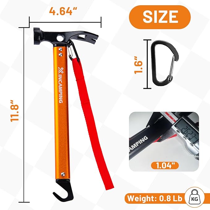 Tent Hammer Heavy Duty Aluminum 12" Camping Hammer with Opener,Tent Stakes Mallet for Camping,Hiking,DIY,Party Orange