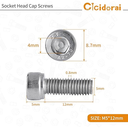 Cicidorai M5-0.8 x 12mm Socket Head Cap Screws Bolts, 304 Stainless Steel (A2-70), Allen Socket Drive, Bright Finish, Full Machine Threads, Quantity 100