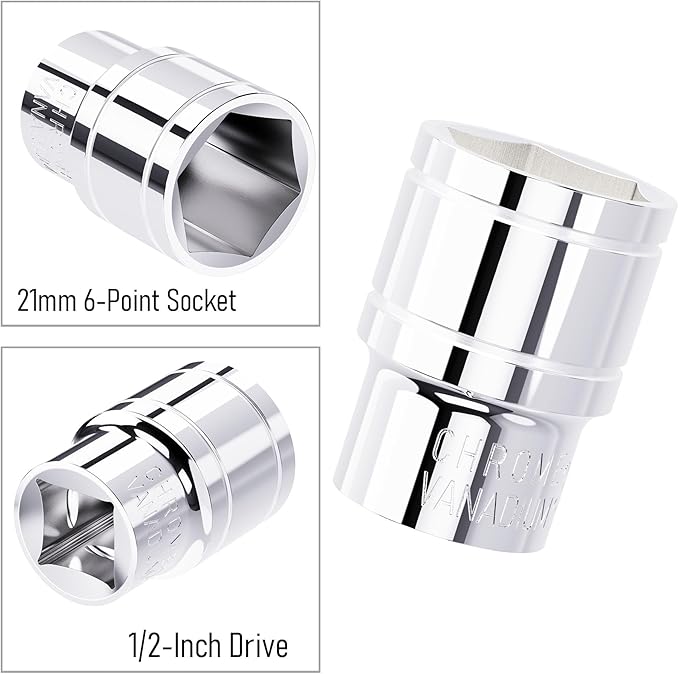 21mm Shallow Socket, 1/2 Inch Drive, 6-Point, Metric, Heat Treated CR-V Steel Short Sockets, Full Polishing, 1.5 Inch Length