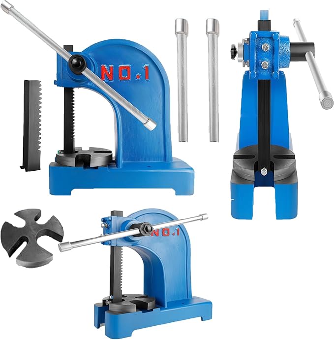 1 Ton Arbor Press with 3 Extra Drifts, Manual Arbor Press Reversible Ram, Heavy-duty Manual Desktop Arbor Press with Removable Steel Anvil 11.73" Height for Metal Cutting/Deforming (Blue)