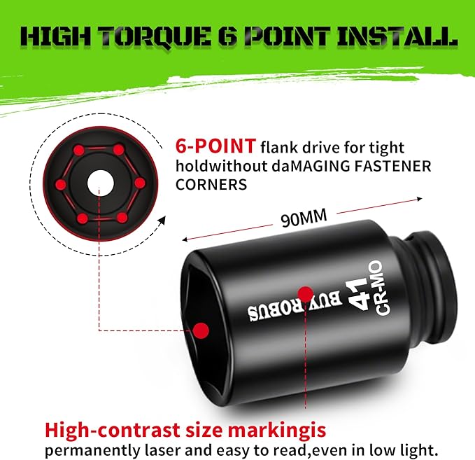 10PCS 1 In Drive Deep Impact Socket Set, Metric, CR-MO, 21,22,24,27,30,32,34,36,38,41mm, Deep Spindle Axle Nut Impact Socket Set