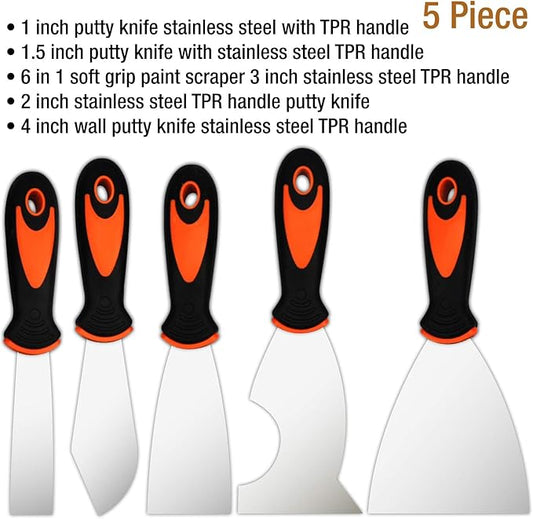 Putty Knife Set, 5 Pcs Paint Scraper (1" 1.5" 2" 3" 4"), Multi-use Scraper Tool, Spackle Knife for Drywall Repair, Wallpaper Removal, Paint Application, Applying Putty, Plaster