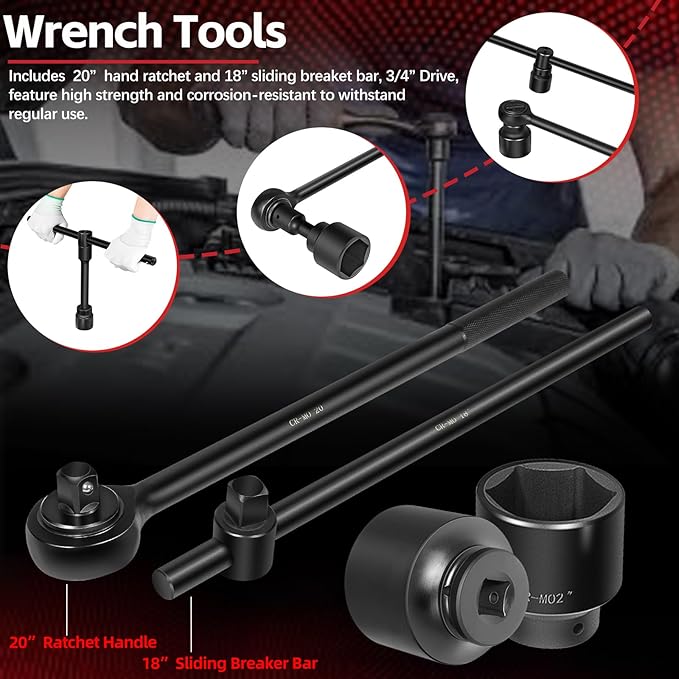 Impact Socket Set, 3/4 Inches Drive Socket Set Impact Standard SAE (7/8 Inches to 2 Inches) & Metric Sizes (22 mm-50 mm), 27 Piece Standard Impact Sockets with Extension Bars and Ratchet Handle