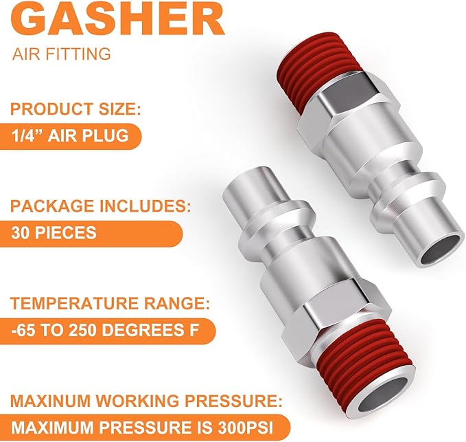GASHER 3/8 Inch Body Size, M-Type Plug, 1/4 Inch Male Pneumatic Plugs(10-Pack)