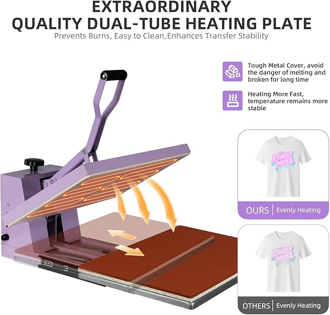 Heat Press 16x24 in, Manual Heat Press Machine for T Shirts, Swing Away T Shirt Pressing Machine for Garments Bag Textile Curtain Mousepad, with Slide-Out Base, Purple