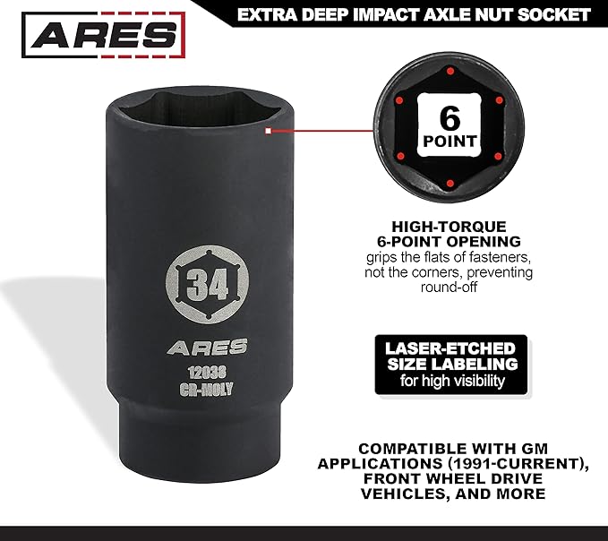 ARES 12038-34MM Axle Nut Socket - 6 Point Socket - Extra Deep 1/2-Inch Drive Impact Socket for Easy Removal of Axle Shaft Nuts