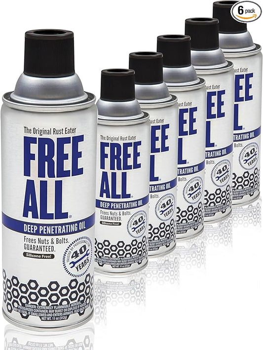Free All Rust Eater Deep Penetrating Oil, 11 oz Aerosol ??Loosens Rusted Bolts, Nuts, Pipe Connections & Locks ??Industrial-Grade Rust Remover, Silicone-Free, Safe on Paint & Plastic Surfaces, 6-Pack