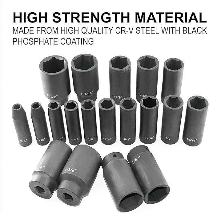 19pcs 1/2" Impact Socket Set, 6-Point Deep Socket, Cr-V Steel, 3/8 inch - 1-1/2 inch