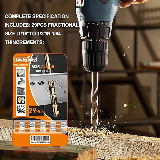 Luckyway 1/16"-1/2" M35 Cobalt Drill Bits (29 Pcs), Jobber Length Twist Drill Bit Set for Hard Metal, Stainless Steel, Cast Iron, Wood and Plastic, with Storage Case