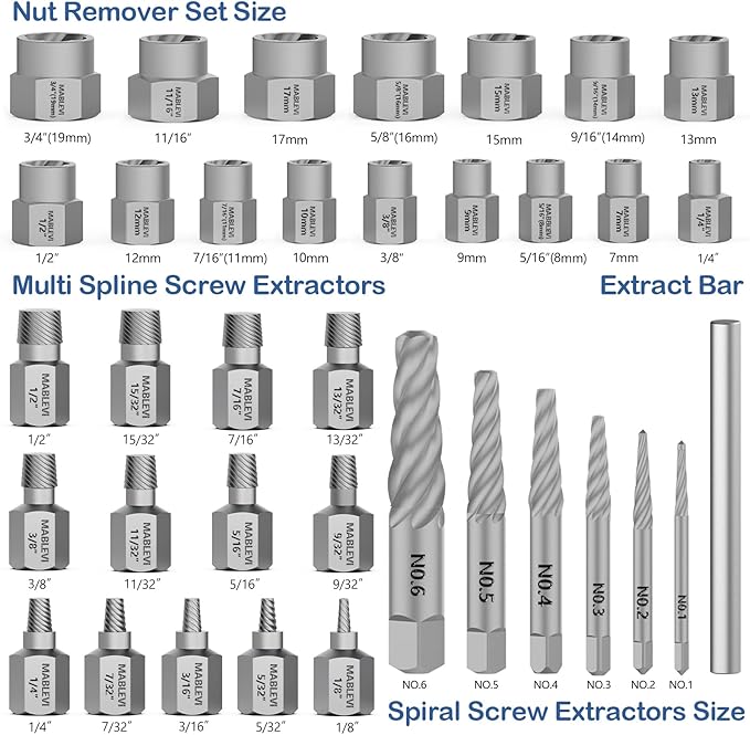 MABLEVI 36 Pcs Upgrade Screw Extractor Set, 3/8??Drive Multi-Spline Easy Out Bolt Extractor Set, Stripped Screw Removal Tool Kit for Removing Nuts Bolts with Solid Storage Case