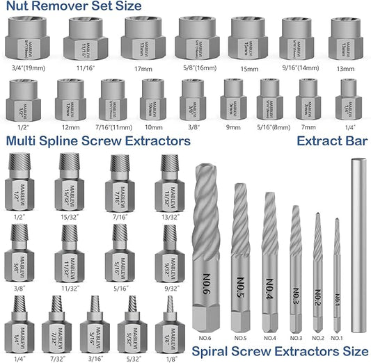 MABLEVI 36 Pcs Upgrade Screw Extractor Set, 3/8??Drive Multi-Spline Easy Out Bolt Extractor Set, Stripped Screw Removal Tool Kit for Removing Nuts Bolts with Solid Storage Case