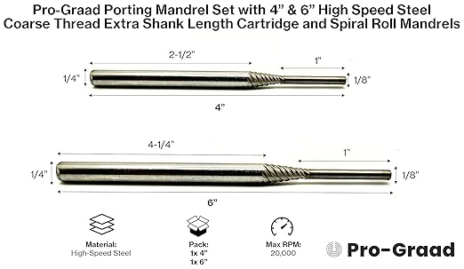 2 Piece Porting Mandrel Set with 4??& 6??High Speed Steel Coarse Thread Extra Shank Length Cartridge and Spiral Roll Mandrels