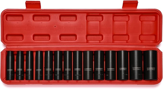 CASOMAN 1/2-Inch Drive Deep Impact Socket Set, 14 Pieces Set, 10mm-27mm, CR-MO, Metric, Heavy Duty Storage Case