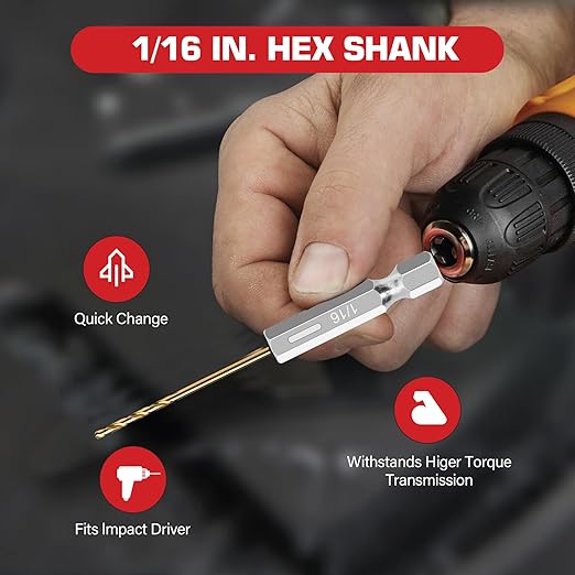 13PC 1/16" Titanium Coated Twist Hex Shank Drill Bit Set, 135 Degree Tip HSS Drill Bit Sets, Impact Driver Drill Bits for Wood, Steel, Metal, Plastic with Quick Change Design