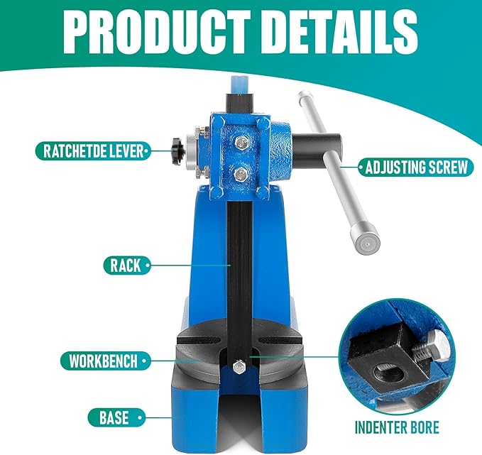 1 Ton Arbor Press with 3 Extra Drifts, Manual Arbor Press Reversible Ram, Heavy-duty Manual Desktop Arbor Press with Removable Steel Anvil 11.73" Height for Metal Cutting/Deforming (Blue)